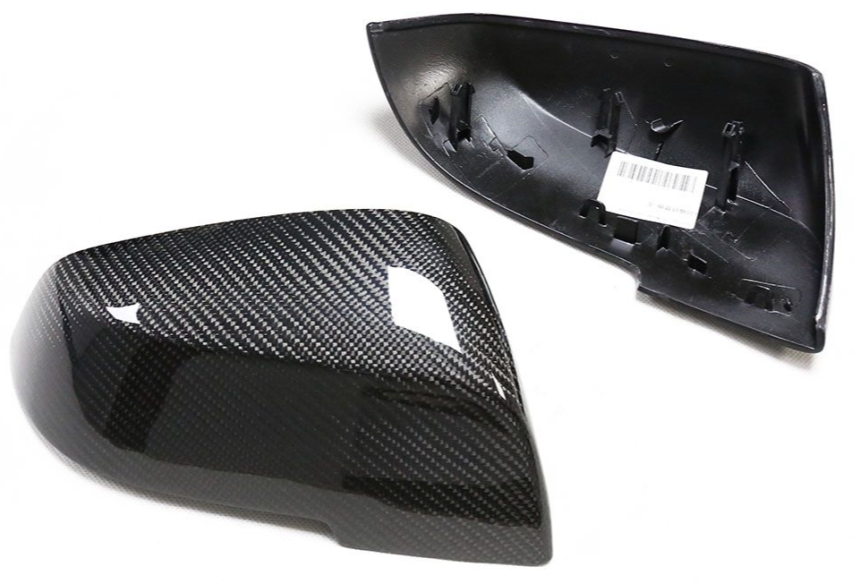 BMW F87 M2 Carbon Mirror Cover - pair showing carbon fiber exterior and interior mounting