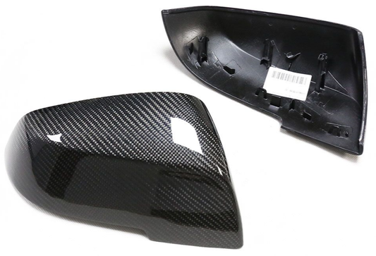 BMW F87 M2 Carbon Mirror Cover - pair showing carbon fiber exterior and interior mounting